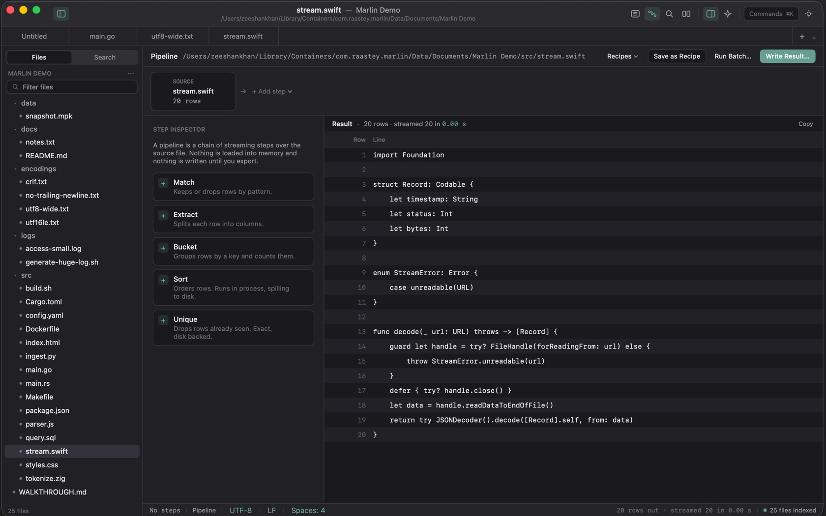 Marlin pipeline on stream.swift