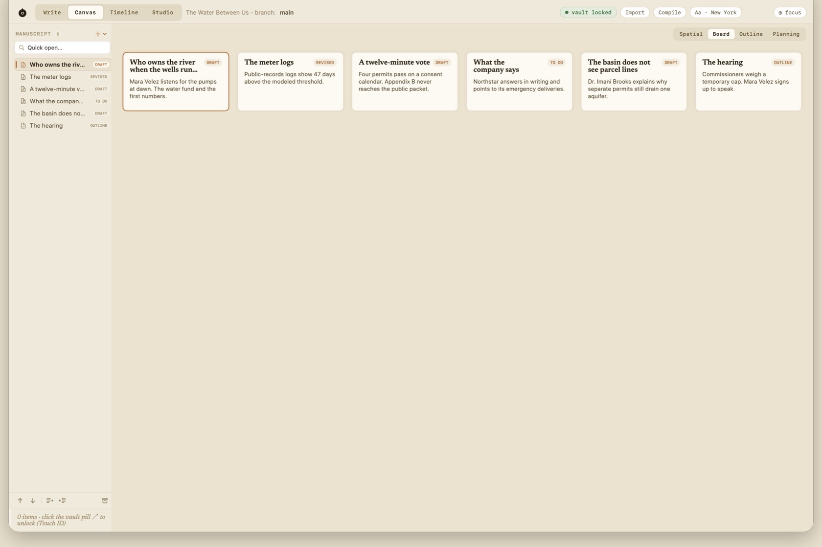 Canvas manuscript board, one card per section.