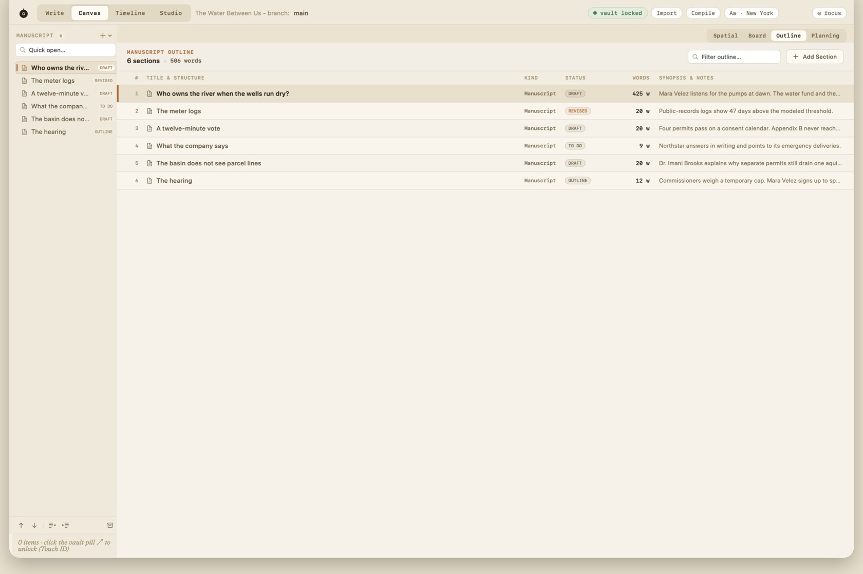 Canvas outline lens listing manuscript sections.