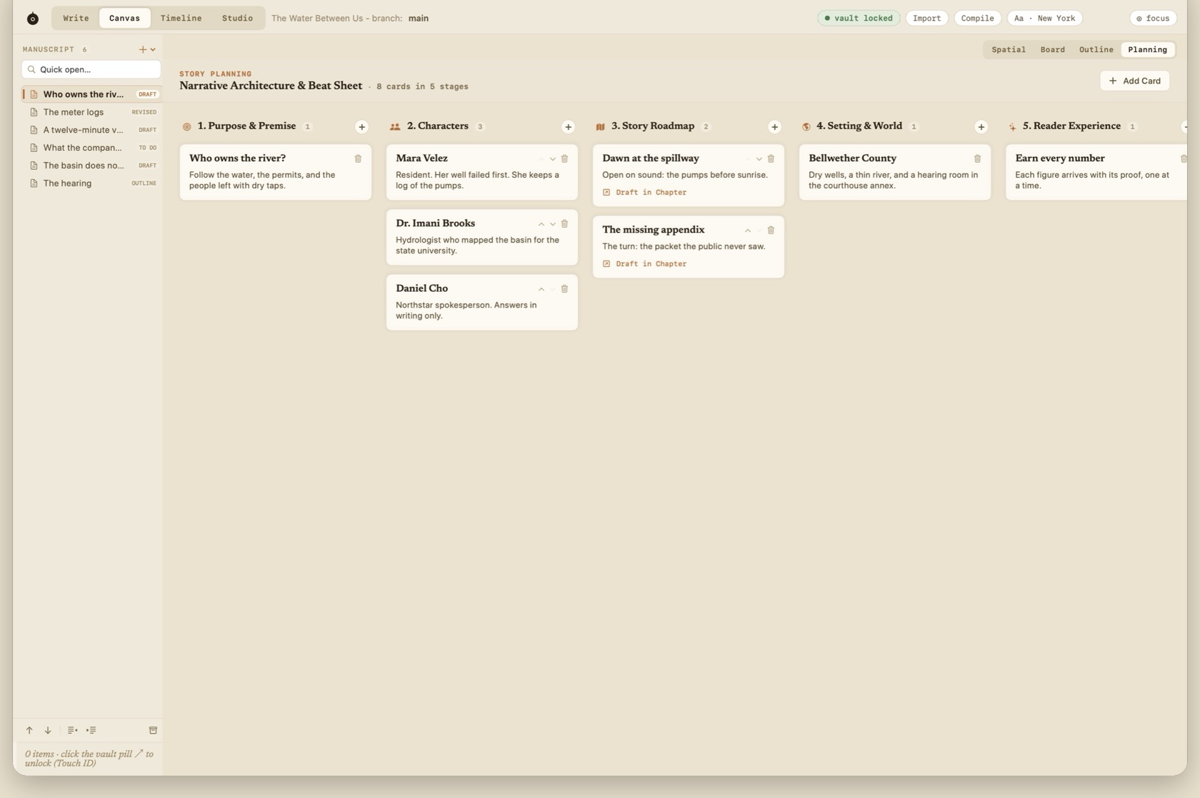 Canvas planning lens with columns for premise, characters, roadmap, setting, and reader experience.