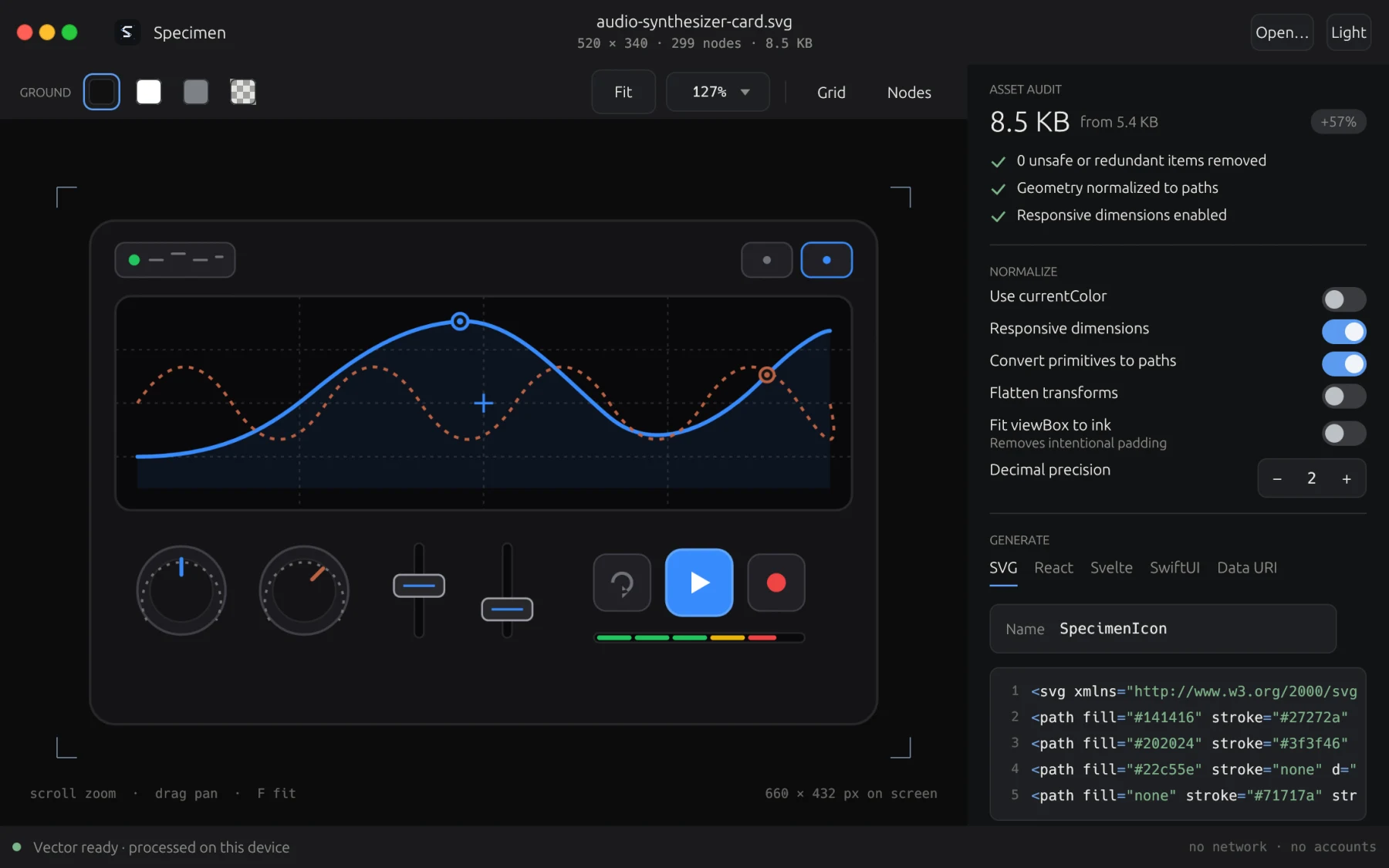 Specimen workbench view with audio synthesizer vector card